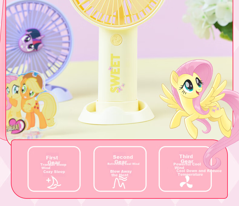 Ouliwen Small Fan, Desktop And Bed Handheld Quiet USB Rechargeable Low Noise Three-Speed with Base, Portable Mini High-Power Office Dormitory Fan, My Little Pony Blue 5