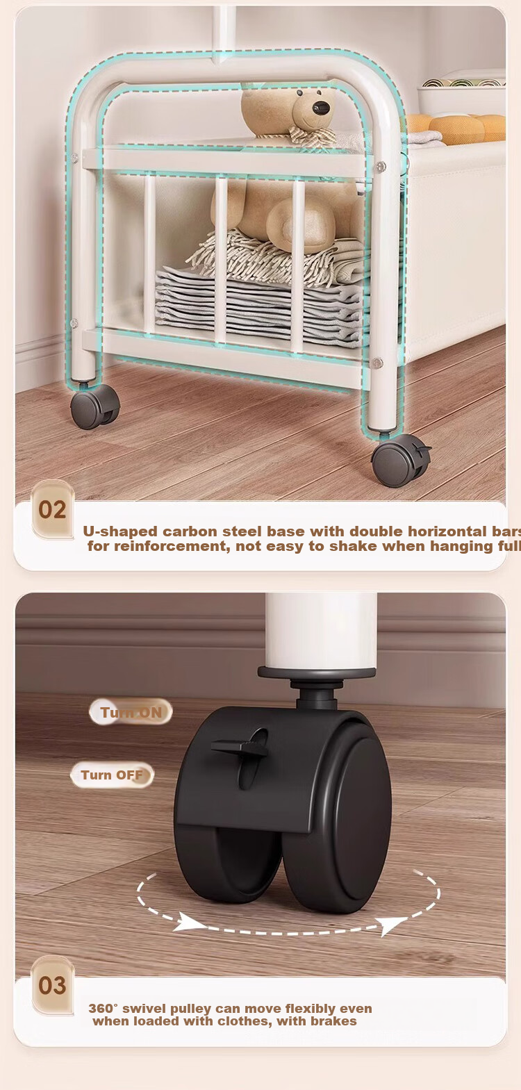 Jingcai Coat Rack, Floor-Standing Clothes Hanger, Movable Bedroom Clothes Stand, Drying And Storage Rack, J01 Beige, 60cm 11