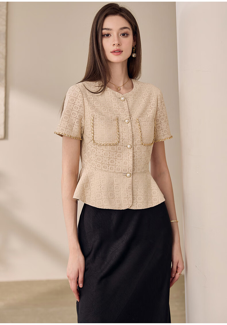 ROEYSHOUSE Lace Waist-Cinching Short Jacket for Women Summer Elegant Slim Ruffle Hem Top 11908 Apricot M 5