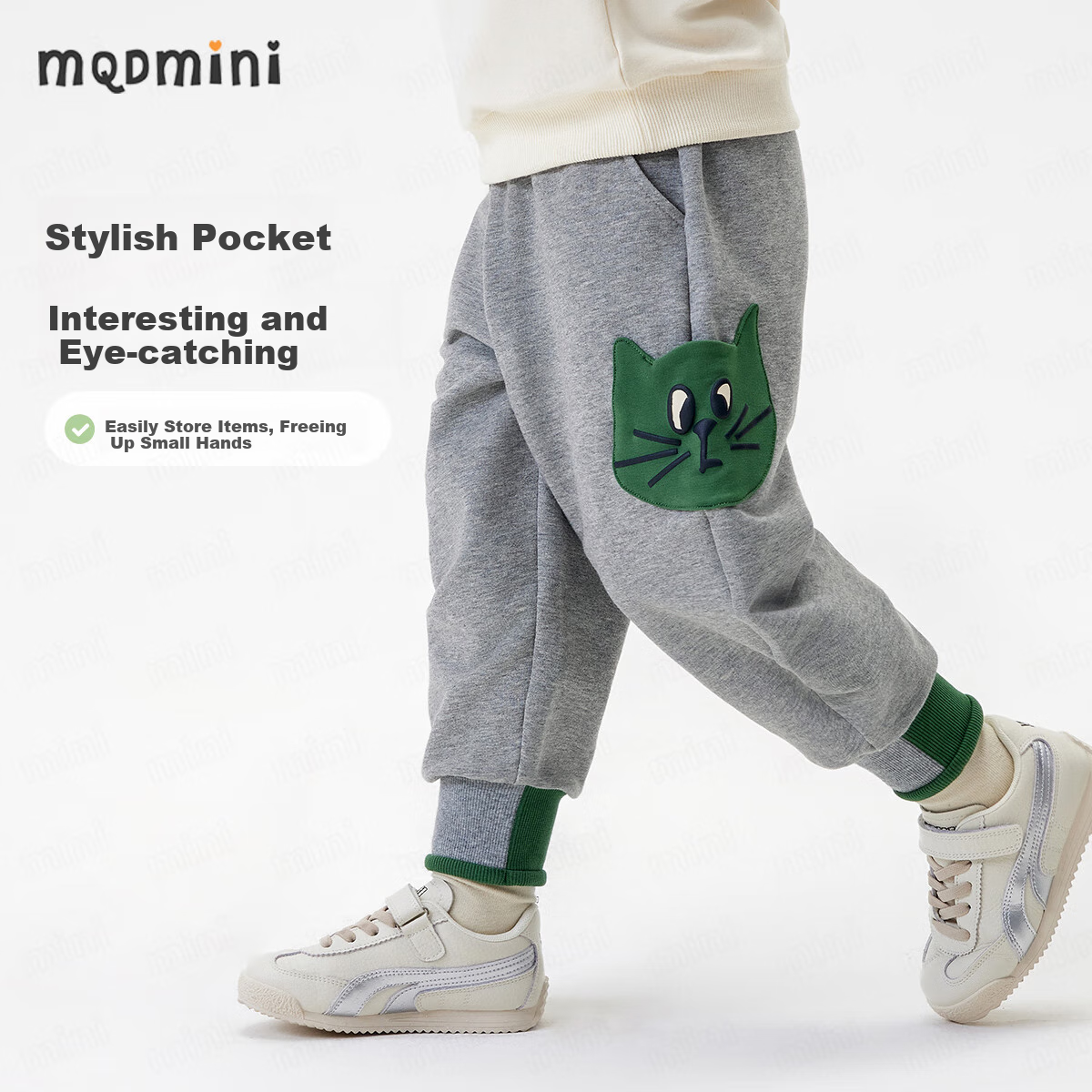 Детские штаны MQDMINI, для мальчиков и девочек, спортивные штаны с эластичной резинкой, повседневные штаны для малышей с антибактериальной пропиткой 5A, дизайн с карманом-кошкой