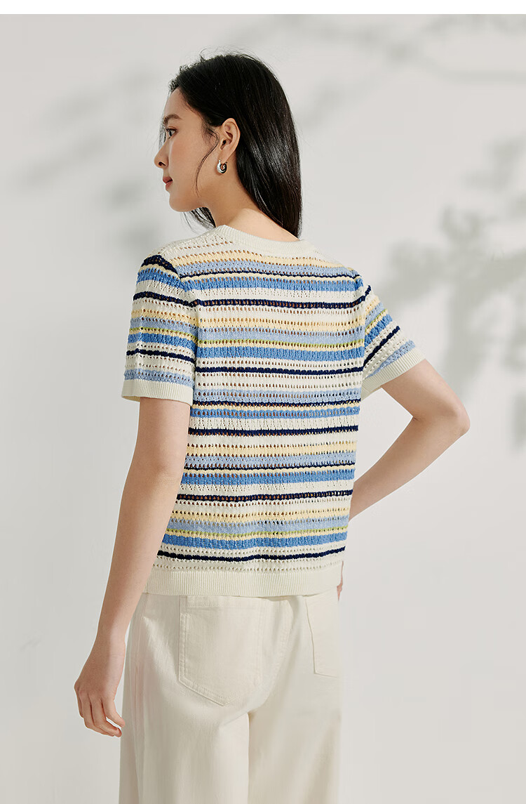 INMAN [Showroom Style] Suoluna Cool-Feeling Striped Short-Sleeve Women's Top, Summer 2026 Knitted Sweater, Yellow, Size L 26