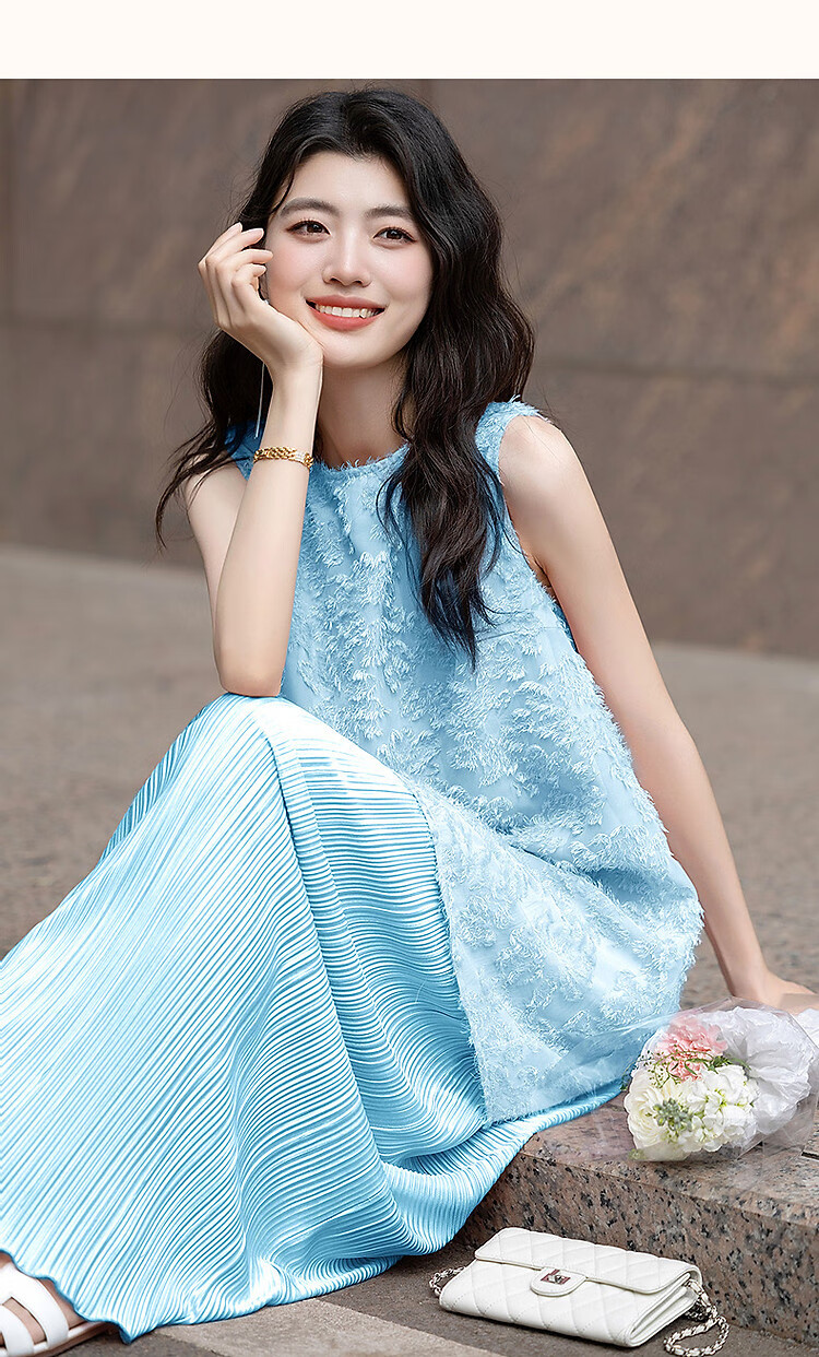 Dme [Design-Inspired Fake Two-Piece] Summer Lightweight Casual Three-Dimensional Pleated Straight-Line Waistless Dress for Wome 6