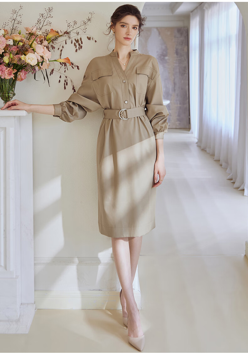 ROEYSHOUSE Waist-Cinching Commuter Dress, 2026 Autumn Collection, Elegant Tie-Waist Midi Skirt 07245, Khaki Green, Size S 3