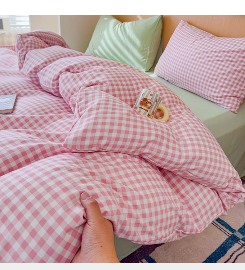 Yalu Class A Antibacterial Double-Layer Gauze, Home-Use Antibacterial Breathable Ultra-Soft Double-Layer Gauze Washed Cotton Bedding Set - Pink Apricot Check Pattern Suitable for 1.5/1.8m Bed, Duvet Cover 2m*2.3m 1