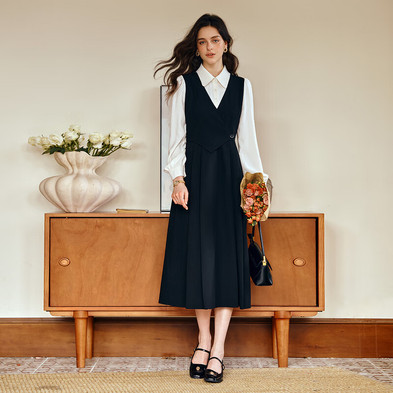 Olrain Elegant Color-Block Spliced Faux Two-Piece Dress Women Autumn New Long Sleeve Dress Black S