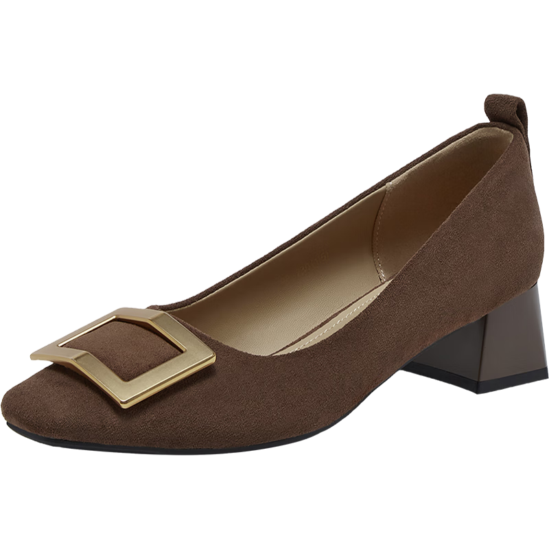Basto 26 Spring Fabric Women's Shoes Simple Commuter Chunky Heel Square Toe Flats B5288AQ6 Coffee Color Size 38
