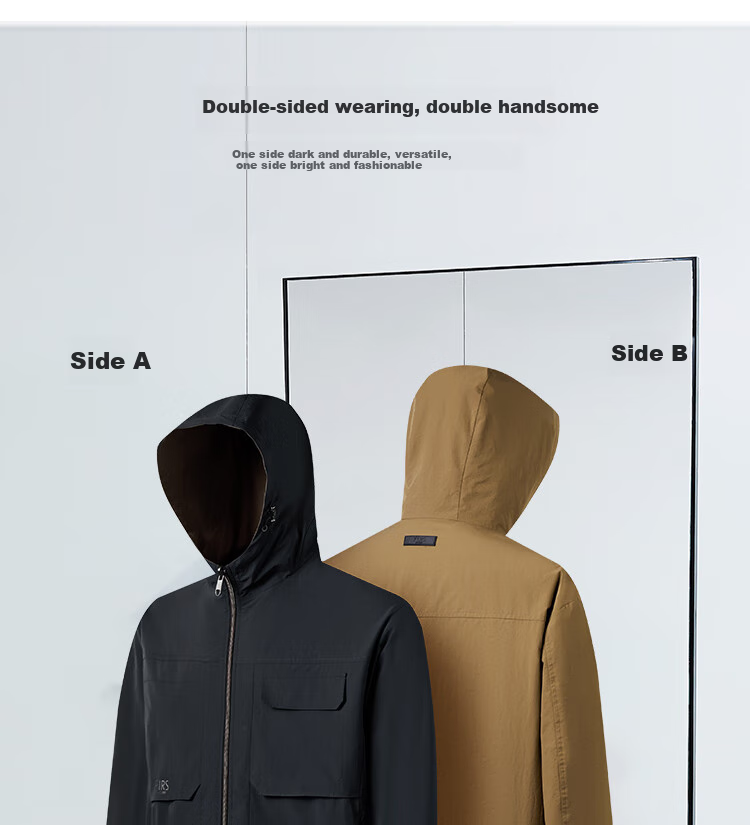 FIRS Double-Sided Hooded Jacket for Men, Spring And Autumn Zipper Windproof Rain-Resistant Adjustable Outdoor Commuter Coat 3