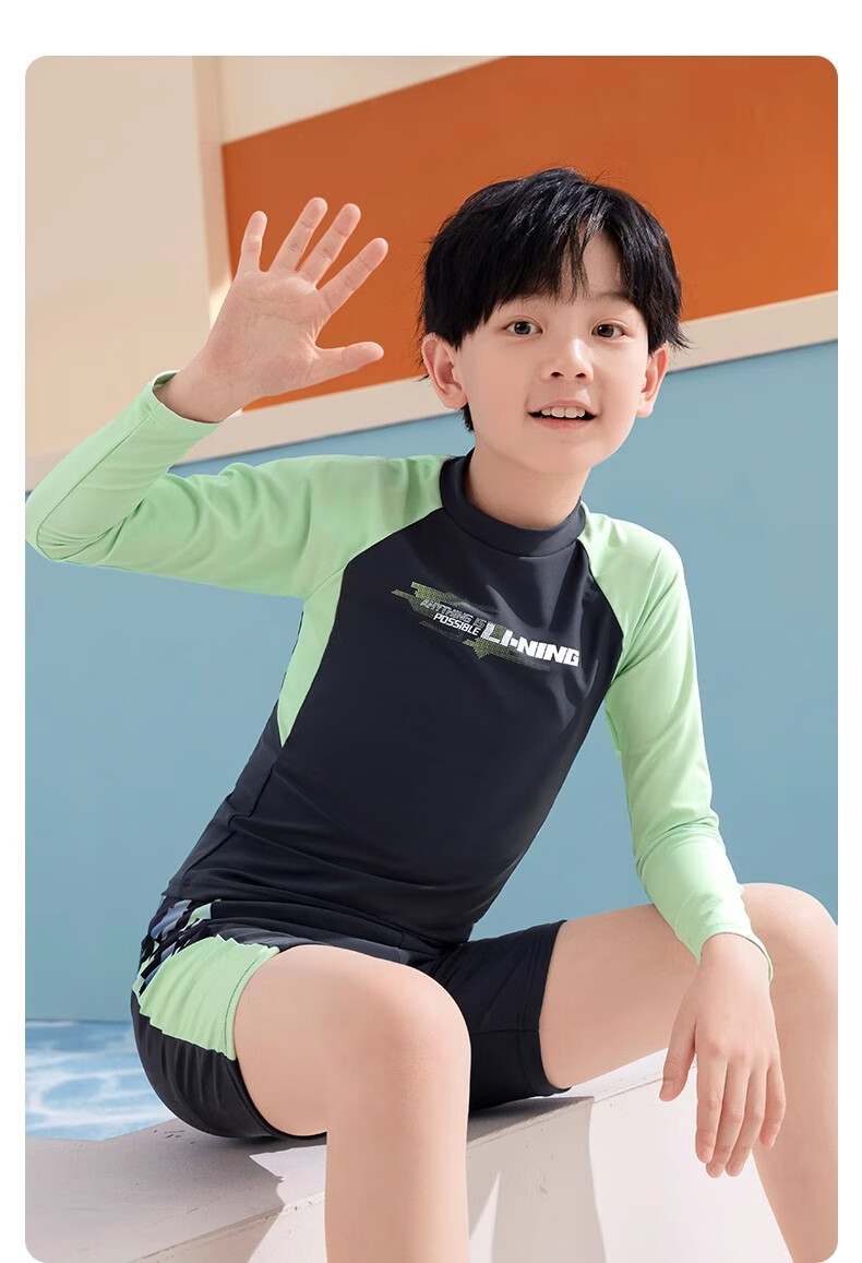 LI-NING Kids Boys Two-Piece Swimsuit Boys New Long Sleeve Swimwear for 6-12 Years Old Youth Hot Spring Bathing Suit 4