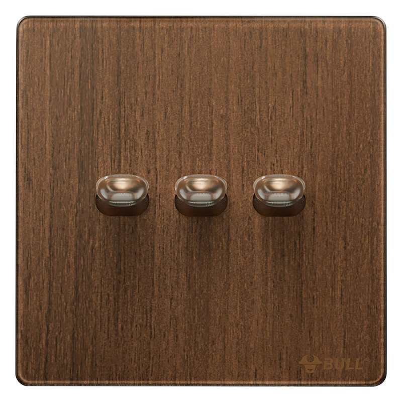 BULL Vintage Switch Socket Acrylic Ultra-thin Panel Three-gang Double-control Toggle Switch G70K312 Walnut Color