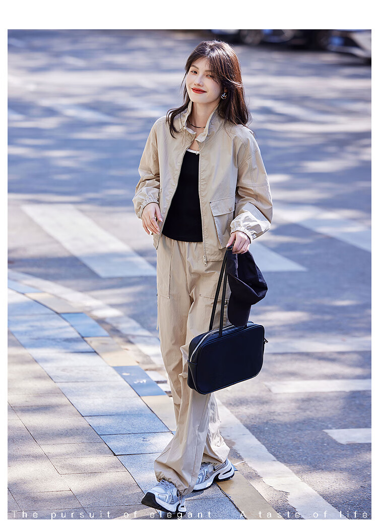 Awakening Paradise 26 Spring New Stand Collar Drawstring Jacket High Waist Cargo Jogger Lightweight Casual Set Navy Blue S 5