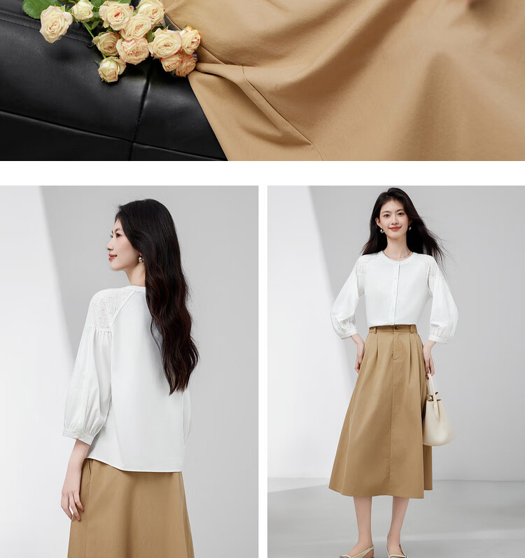 Shangdu Bira Lenzing Tencel Three-Quarter Sleeve Casual Shirt Women Autumn Lantern Sleeve Patchwork Hollow Embroidery Elegant Blouse 19