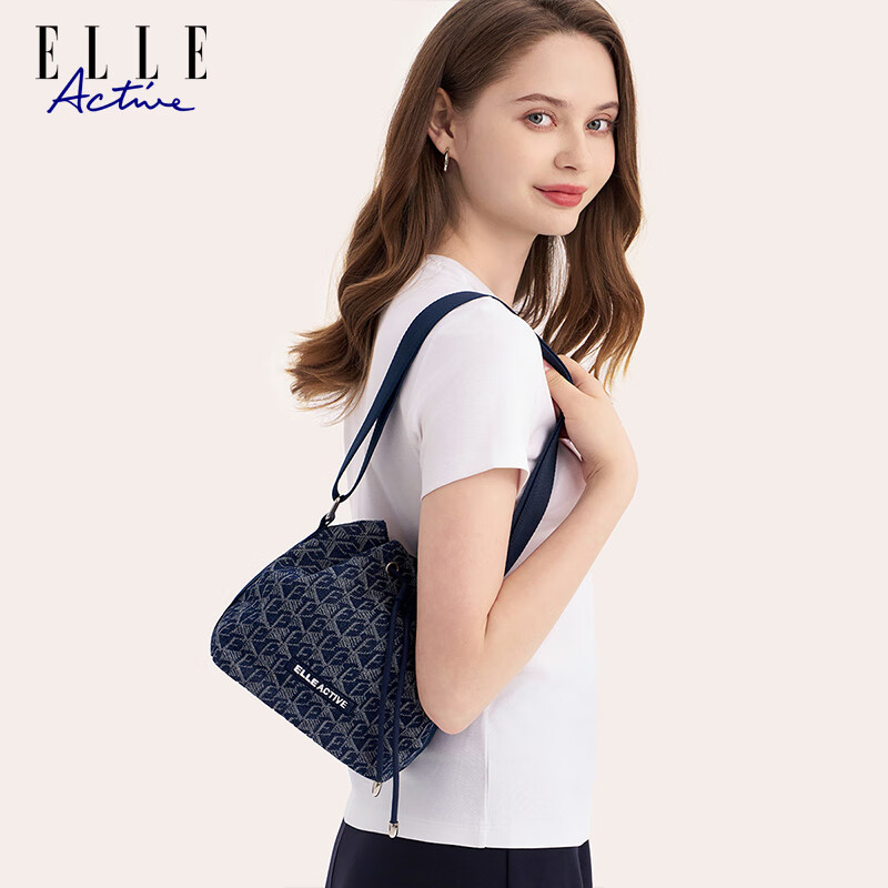 ELLE ACTIVE Embossed Jacquard Crossbody Bag Women Lightweight Shoulder Bag Fashion Trendy Drawstring Denim Bucket Bag Denim Blue