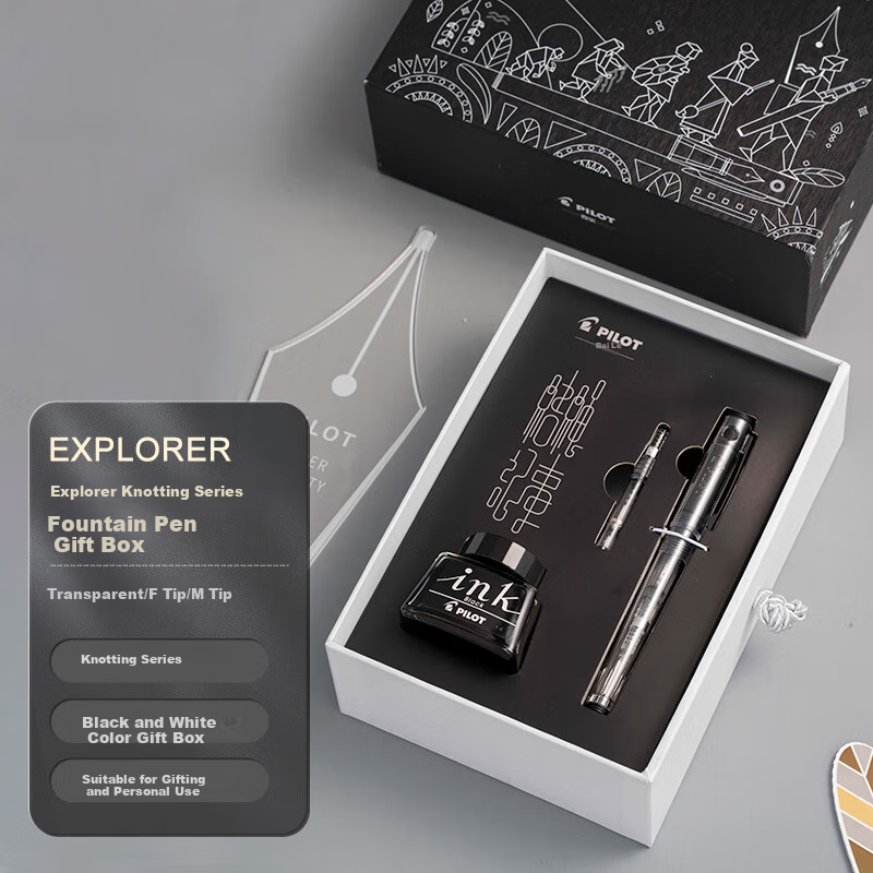 PILOT Explorer Fountain Pen Set, Signature Pen, New Explorer Gift Box with Ink, Binding Series FPEX2FCL, F Nib Transparent