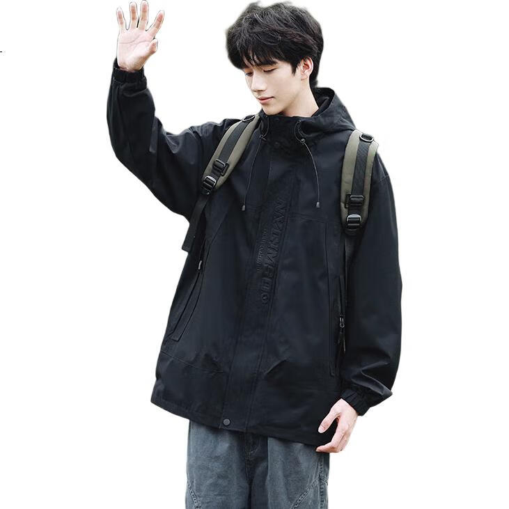 Foss Phil Men's Jacket, Spring And Autumn Outdoor Casual Sports Loose Versatile Hooded Windbreaker Top FPJK9 Black XL