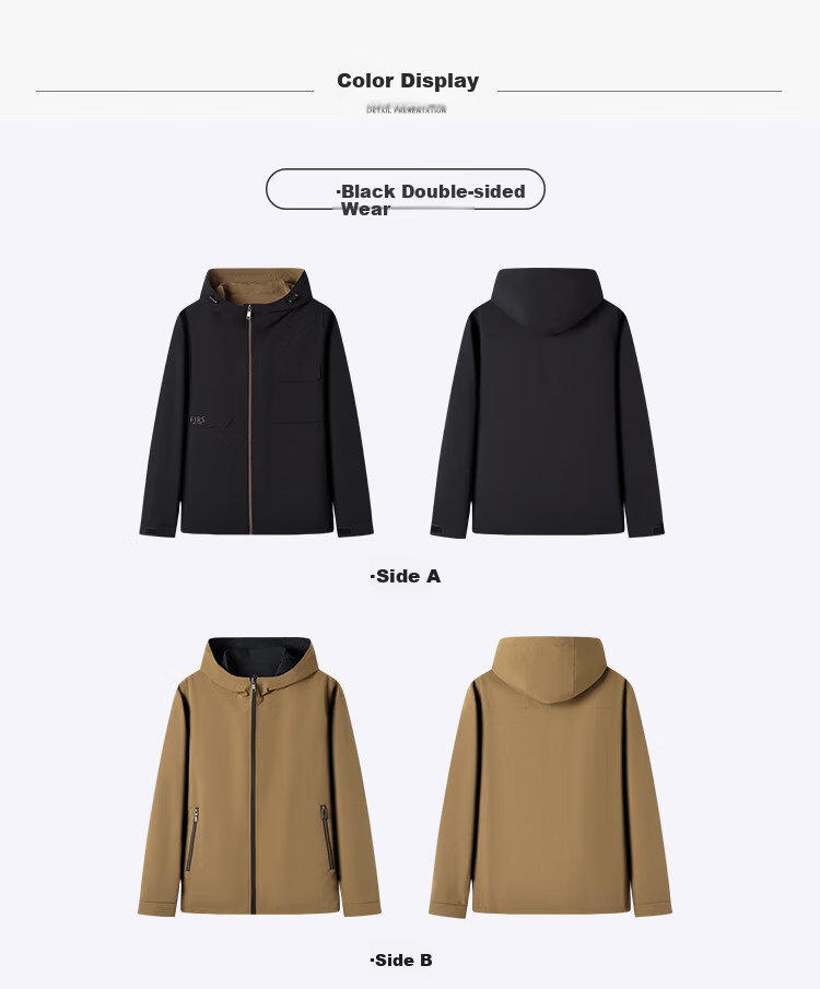 FIRS Double-Sided Hooded Jacket for Men, Spring And Autumn Zipper Windproof Rain-Resistant Adjustable Outdoor Commuter Coat 22