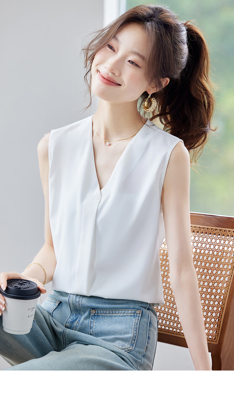 Jeanswest Women's Sleeveless Shirt 2026 Summer V-Neck Elegant Versatile Top Apricot XL 7