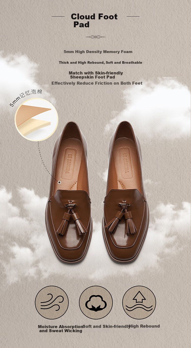 Le Saunda, Qiangdongyue Same Style, Laifu Family Round Toe Comfortable Genuine Leather Loafers Women's 10502, Truffle Black, BKL, 37 6