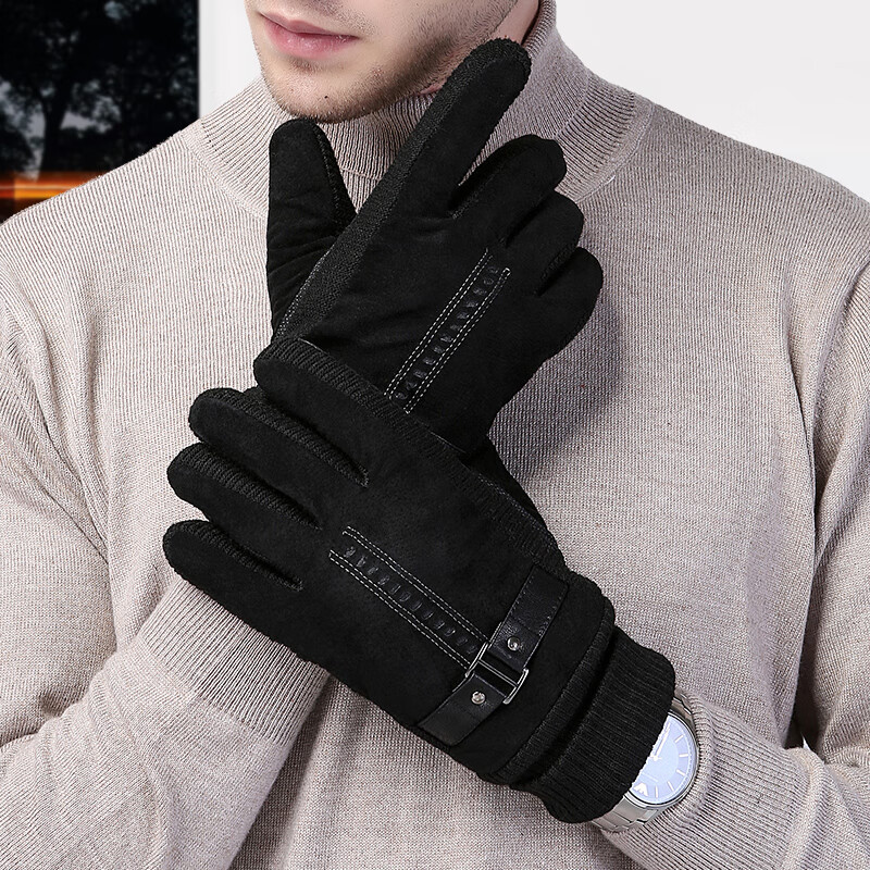 Jian Cai Genuine Leather Men's Gloves Autumn Winter Warm Windproof Fleece Thickened Cold-Resistant Outdoor Riding Electric Motorcycle Cotton Gloves