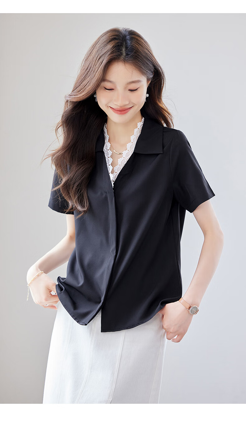 JEANSWEST Women's Summer Short Sleeve Solid Color V-Neck Lace Splice Shoulder Fashion Formal Shirt White L 9