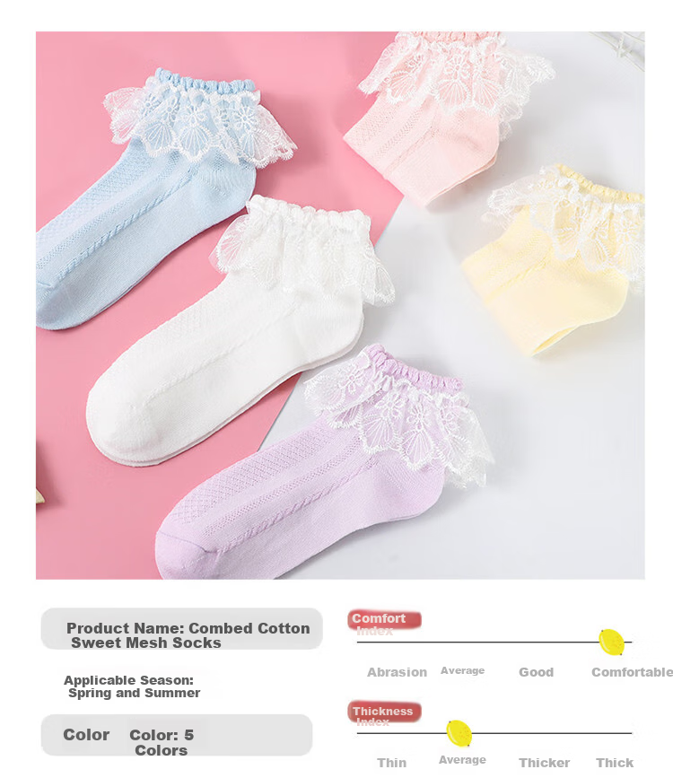 LangSha Children's Socks, Girls' Summer Thin Lace-Trimmed Dance Socks, Cute Versatile Princess Socks, White, 5 Pairs 10
