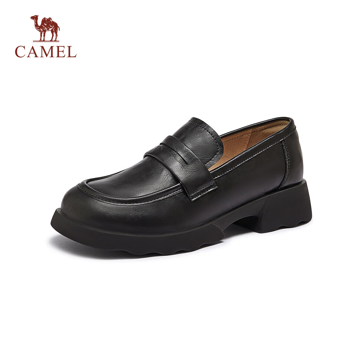 CAMEL Women's Loafers Simple Casual Cowhide Leather Chunky Heel Low-Cut Shoes L25A504077 Black Size 39