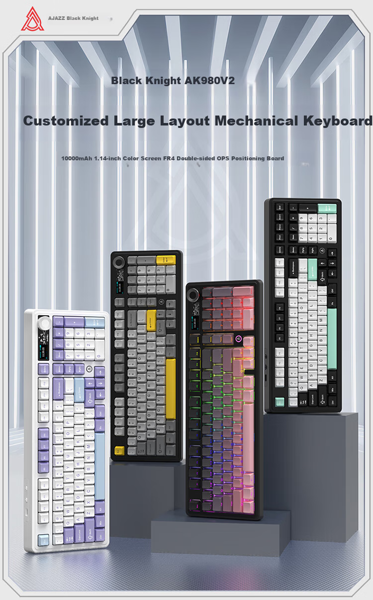 AJAZZ AK980V2 Tri-Mode Wireless Mechanical Keyboard with 10,000mAh Battery, Gasket Full Hot-Swappable 97 Keys 2U0 Knob TFT Color Screen RGB Blackberry Pink Maillard Switches 1