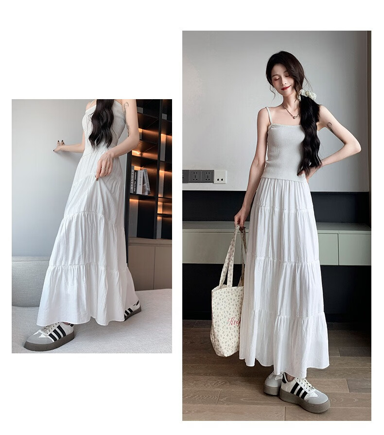 Jeanswest Women's Summer High-Waist Slimming Versatile Loose Peach Blossom Wrinkle Cake Skirt White M 18