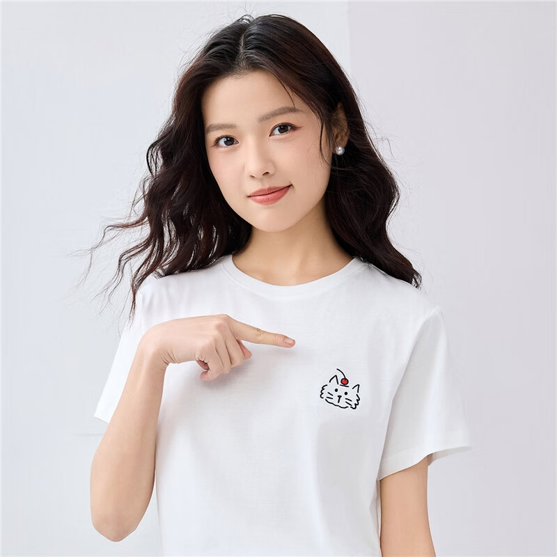 Женская футболка Giordano с коротким рукавом, летняя, 100% хлопок, с вышивкой милого животного, круглый вырез, модель 13325324