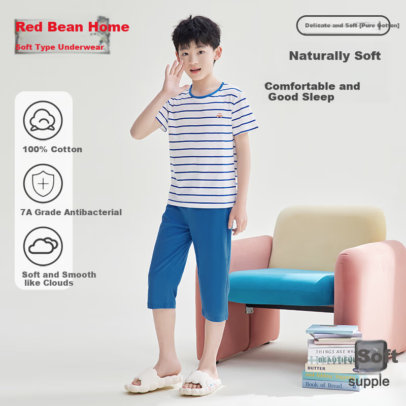 Hodohome Boys' 7A Cotton Antibacterial Short Sleeve Pajamas with Cartoon Air Conditioning Pants 303 Blue Size 165