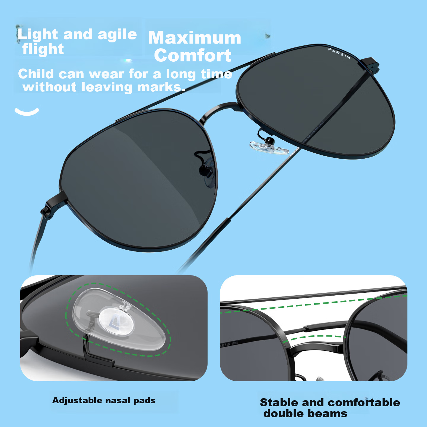 PARZIN Children's Sunglasses for Boys And Girls, Trendy UV Protection Double Bridge Glasses Aviator Frame Kids Sunglasses for Ages 6-10 PZ2010