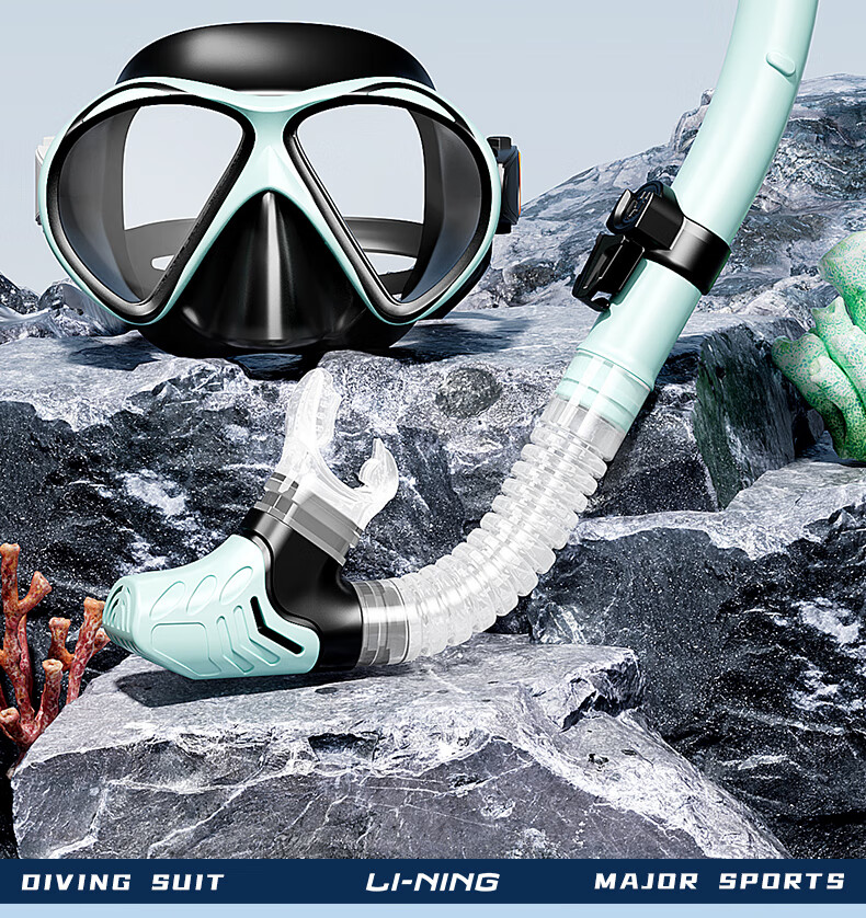 LI-NING Full Dry Snorkel Mask Anti-Fog Diving Goggles Adult Snorkeling Swimming Gear Black Green 2