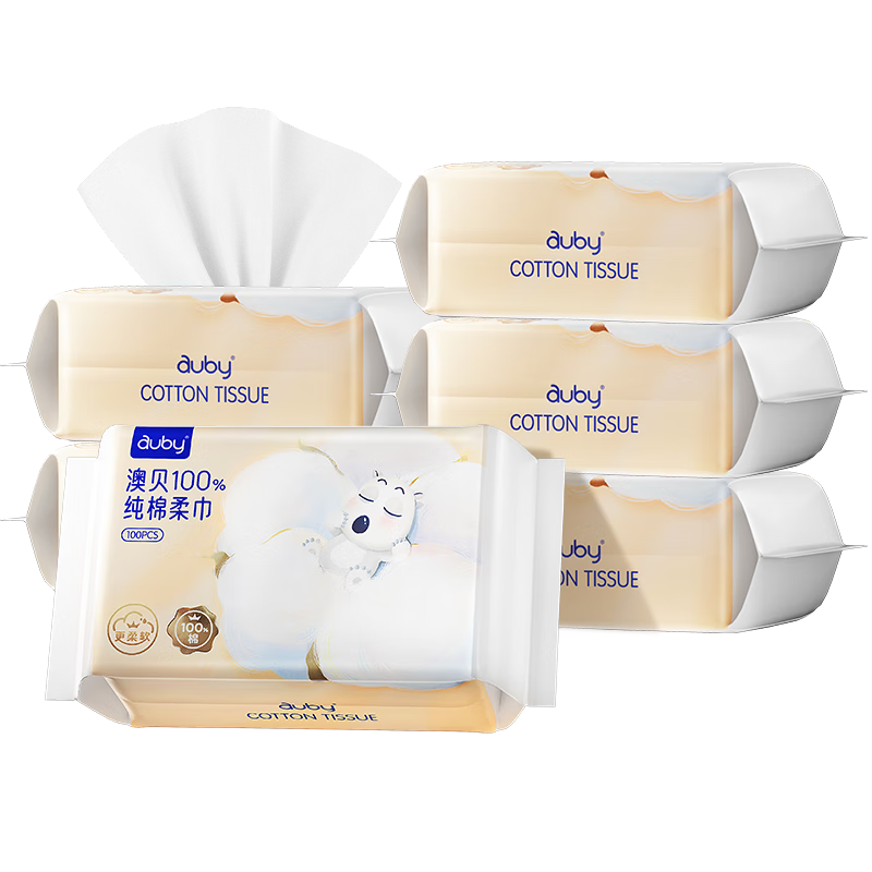 Auby Cotton Soft Wipes 100% Pure Cotton Baby Face Wash Towels Disposable Dry and Wet Dual-use 100 Sheets 6 Packs