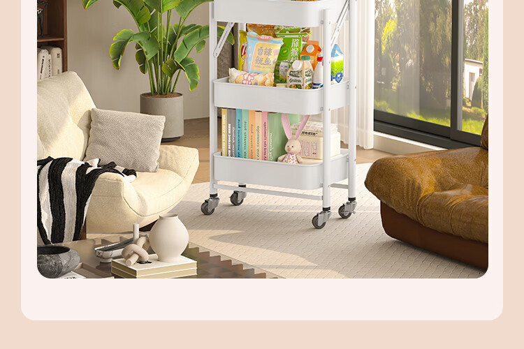 QIAONAMEI Kitchen Storage Rack Mobile Floor Cart No-Installation Foldable Storage Shelf Household Snack Rack 1860-WH 4