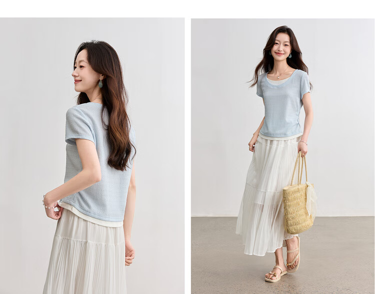 Sentubila Color Block Round Neck Waist Side Pleated Short Sleeve Textured T-Shirt for Women, Summer Commute Fashion Elegant Versatile Top 18
