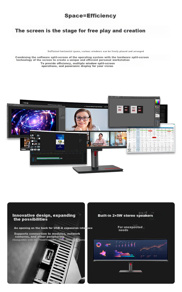 Lenovo ThinkVision 49-Inch 5K Curved Screen IPS Technology, 3800R Curved, Built-In Speakers, Rotating And Height-Adjustable Stand, Ultrawide Office Design Monitor P49w-30 7