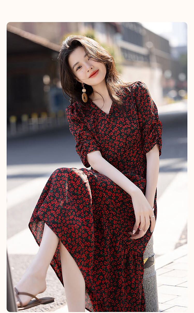 Demana [Passionate French Style] Summer Lightweight Chiffon Printed V-Neck Short Sleeve Waist-Cinched Ruffle Hem Elegant Women's Dress 3