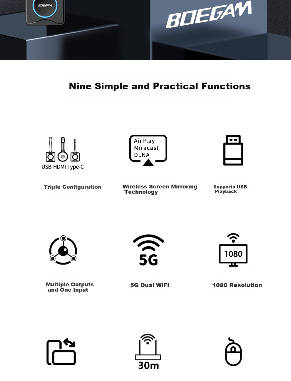 BOEGAM Enterprise Wireless Screen Mirroring HDMI Cable 4K HD Screen Sharing for Office Home Apple Android Huawei Phone to TV Projector VS200 Triple Pack 2
