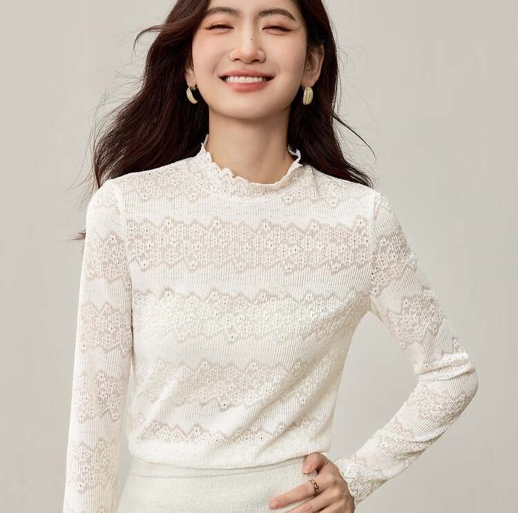Sentubila Semi-Turtleneck Floral Textured Lace Slim Fit Long Sleeve Top for Women Autumn Hollow Out Inner Layer Shirt 2
