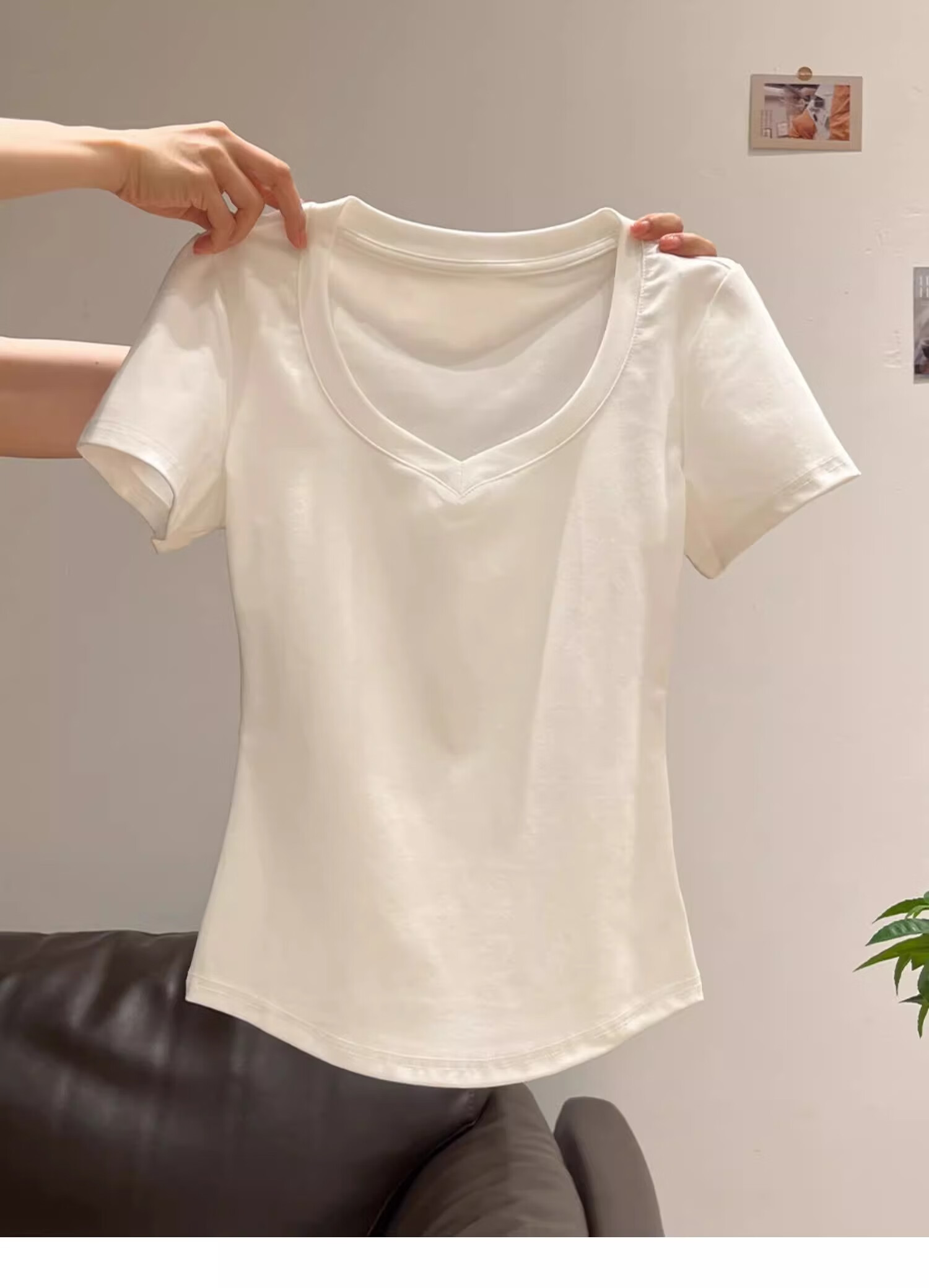 Woodpecker Solid Color V-Neck Slim Fit Short Sleeve T-Shirt Women Summer Simple Versatile Korean Style Slimming Top Heather Gray S 5