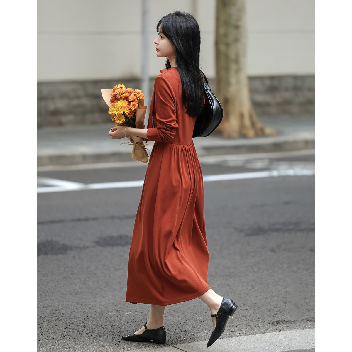 Mt [Xiguang Yingri] Spring And Autumn French Artistic Hollow-Out Strap Vintage A-Line Waist-Cinching Slimming Mid-Length Women's Dress
