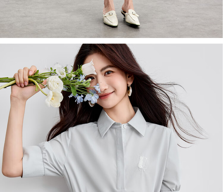 Sentubila Commuter Style Five-Sleeve Summer Slim Waist Embroidered Shirt Dress for Women Mid-Length 20
