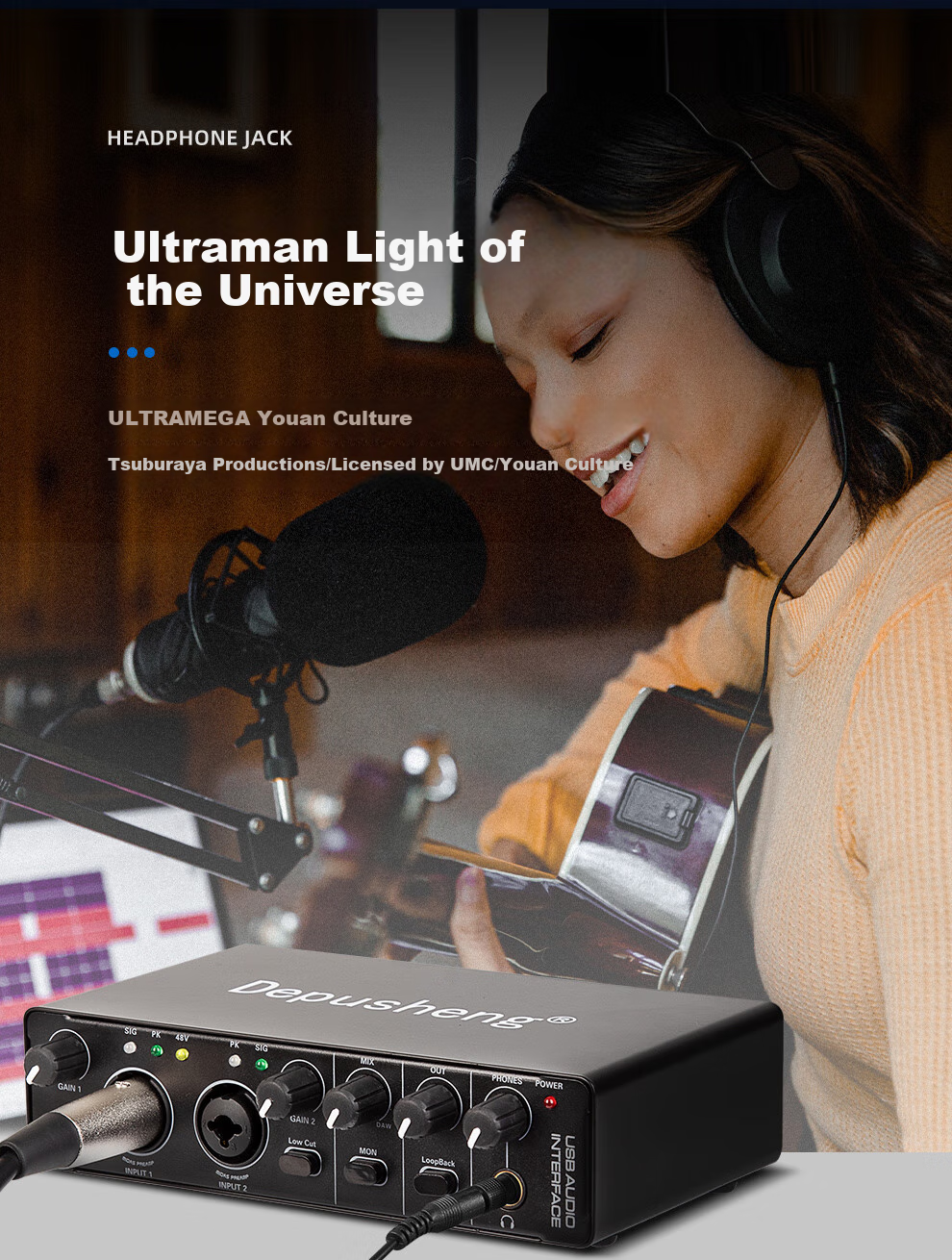 Depusheng Mobile Phone And Computer Live Streaming Sound Card USB High-Definition Recording Professional Post-Production Voiceover Audio Recording Music Composition Live Streaming with Audio Book Host Guitar Instrument 48V Power Supply Outdoor MD22 5