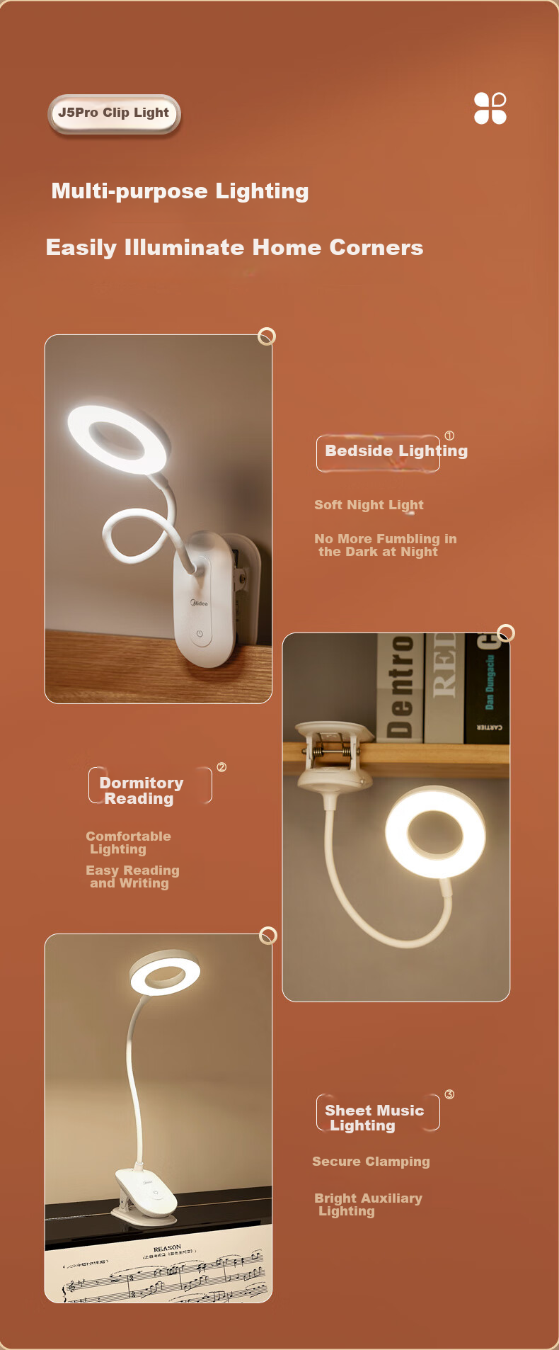 Midea Rechargeable Small Desk Lamp for Home, Student Study, Reading, Dormitory, Clip-On Bedside Lamp 13