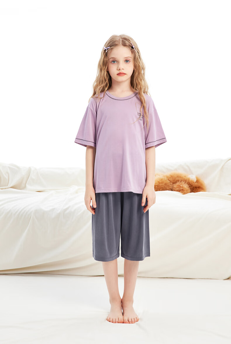 Zhimu Boys And Girls Home Wear Set for Older Children, Short-Sleeve Shorts, Cloud Purple, Size 110 8