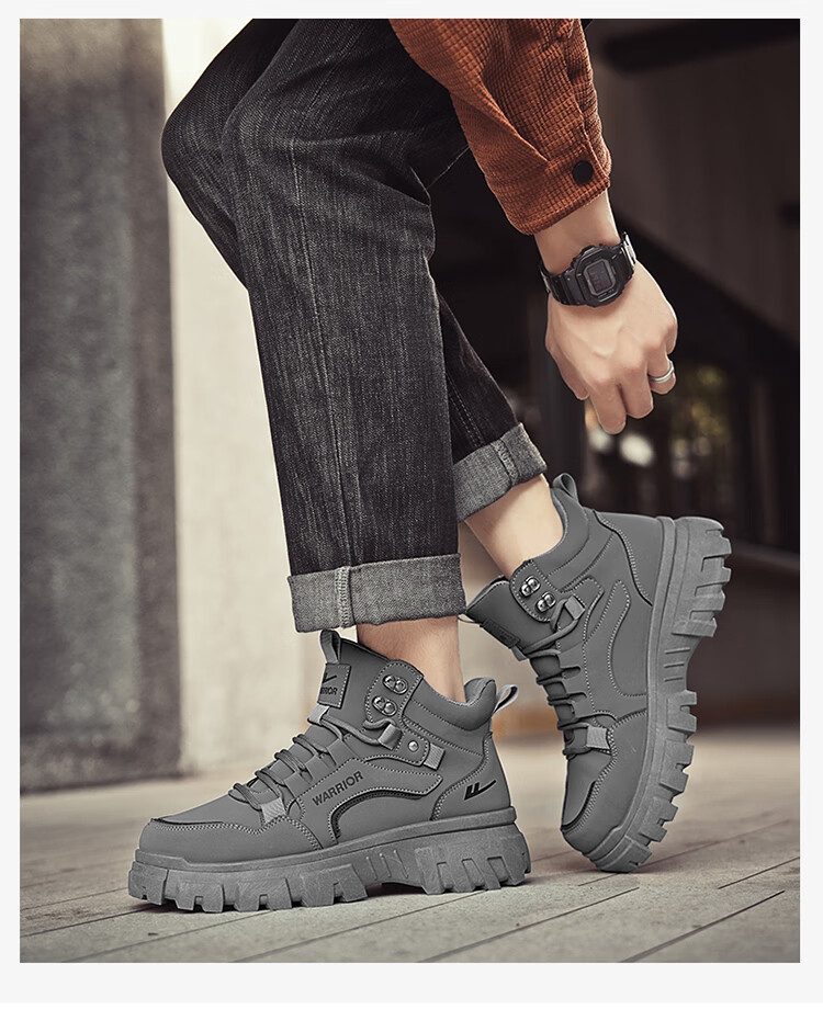 Warrior Martin Boots Men's Autumn Winter New Casual Thick Sole High Top Work Shoes Black Gray 41 2