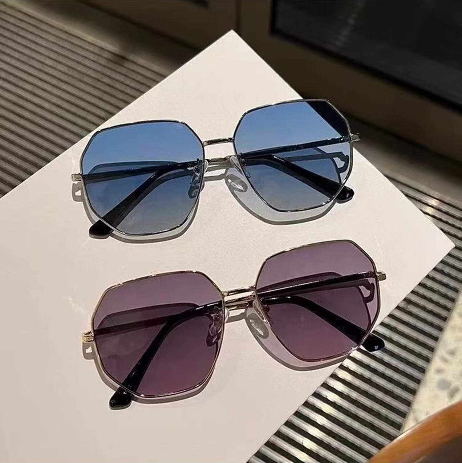 FENCHI Transparent Blue Sunglasses for Men, Polygonal Metal Driving Sunglasses, Korean Style Trendy Beach UV Protection Glasses for Wome 2