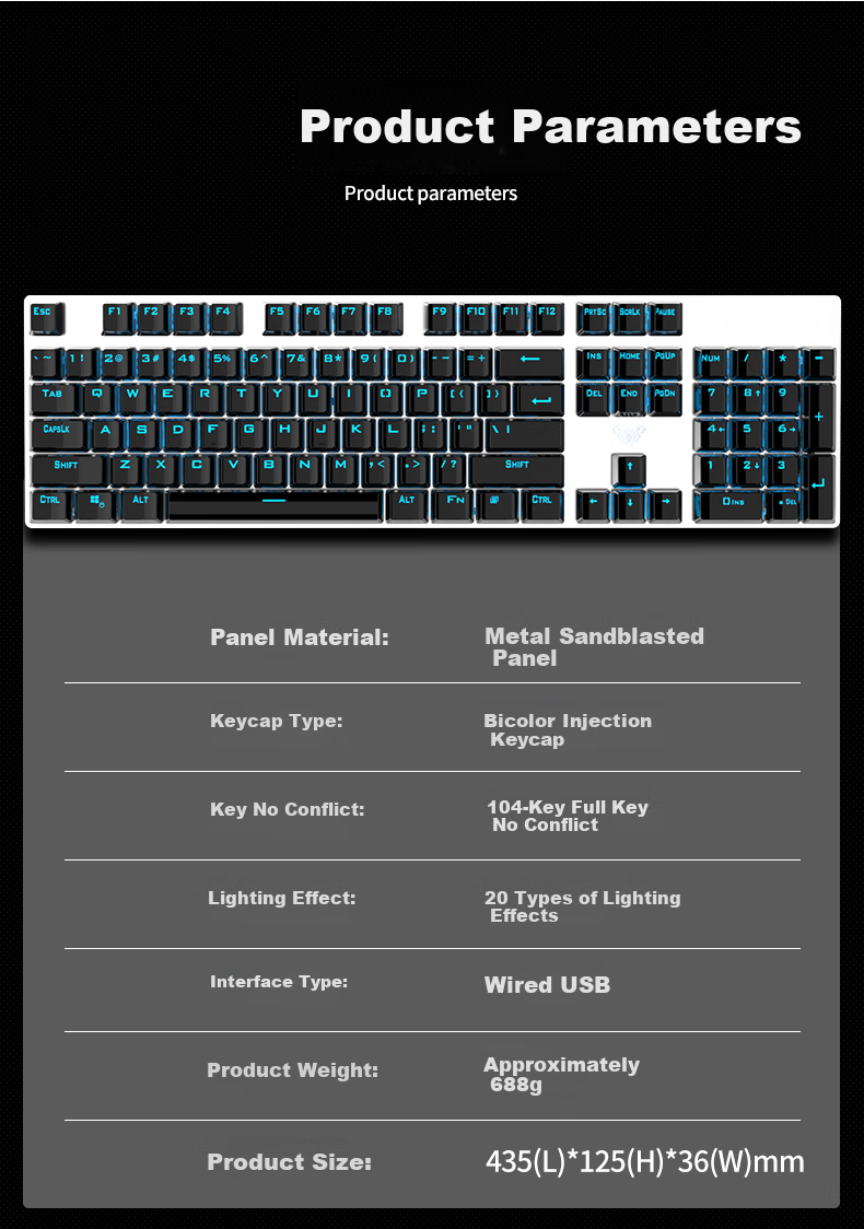 AULA S500 Mechanical Keyboard Wired Backlit Full-Size 104-Key Gaming E-Sports Computer Multimedia Office PUBG Full Anti-Ghosting Retro Three-Color Scheme Ice Blue Light Green Switches 14
