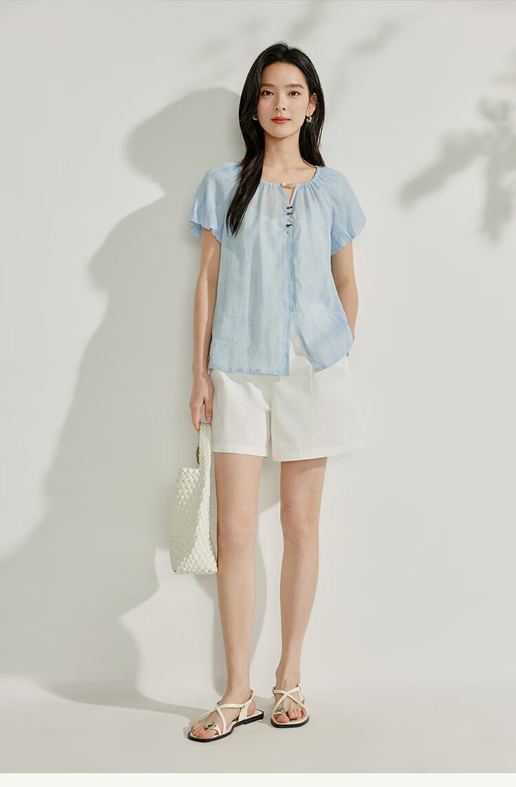Inman French Style Ramie Cotton Lantern Sleeve Shirt Summer Women's Casual Design Lazy Short Sleeve Top Light Blue XL 15