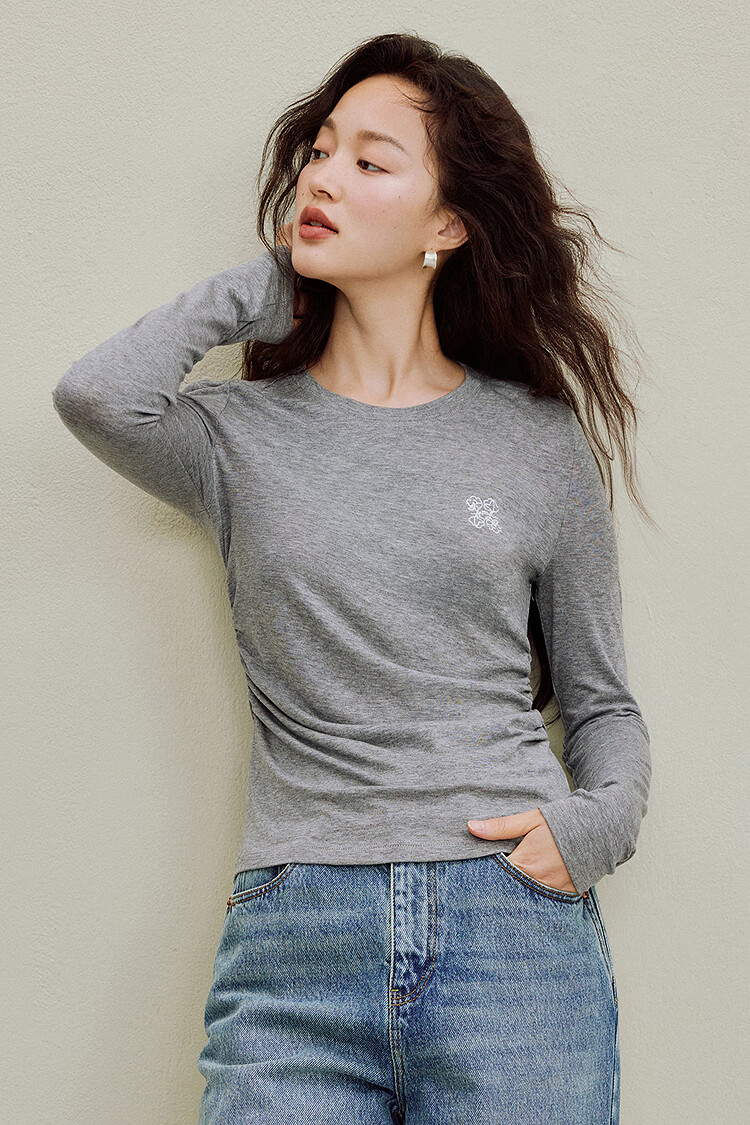 INMAN Wool Stand Collar T-Shirt 2025 Autumn Women's New Layered Slim Fit Long Sleeve Base Shirt Light Gray S 16