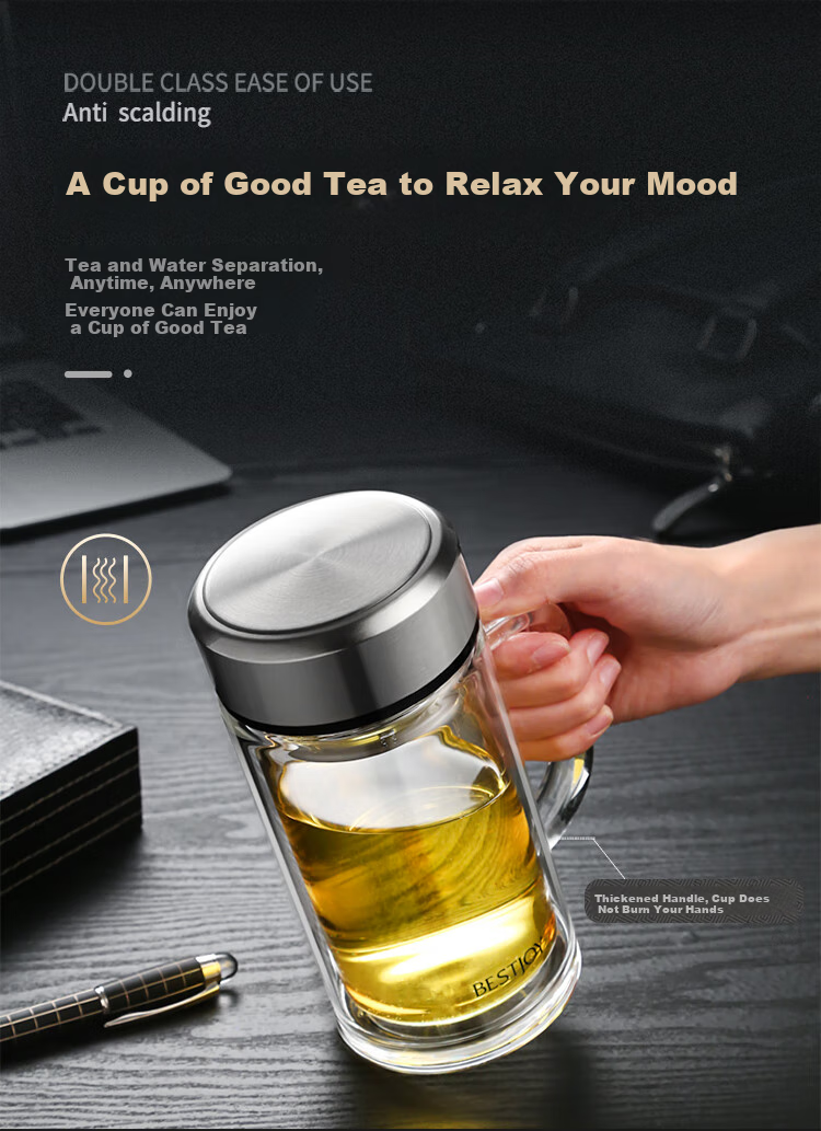 Fuguang Shixi Double-Layer Glass Cup with Handle and Filter, Heat-Resistant Office Mug, Large Capacity 520ml, Black 3